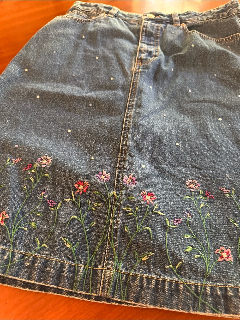 Vintage 90s Tommy Hilfiger Embroidered Denim Midi Skirt Floral Sequin Size 8